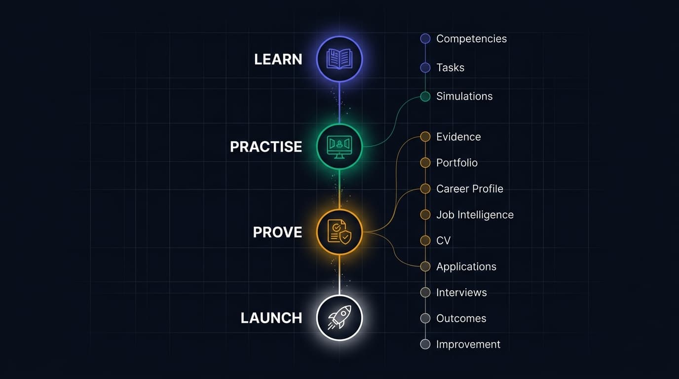 Career Operating System: Learn, Practise, Prove, Launch diagram